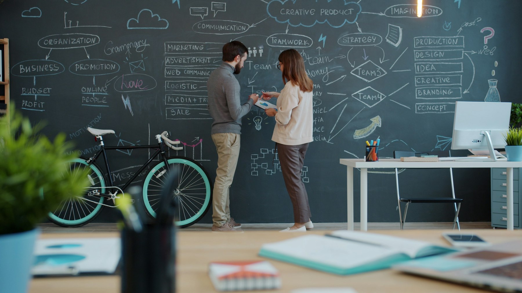 A team planning product strategy in front of a chalkboard wall.